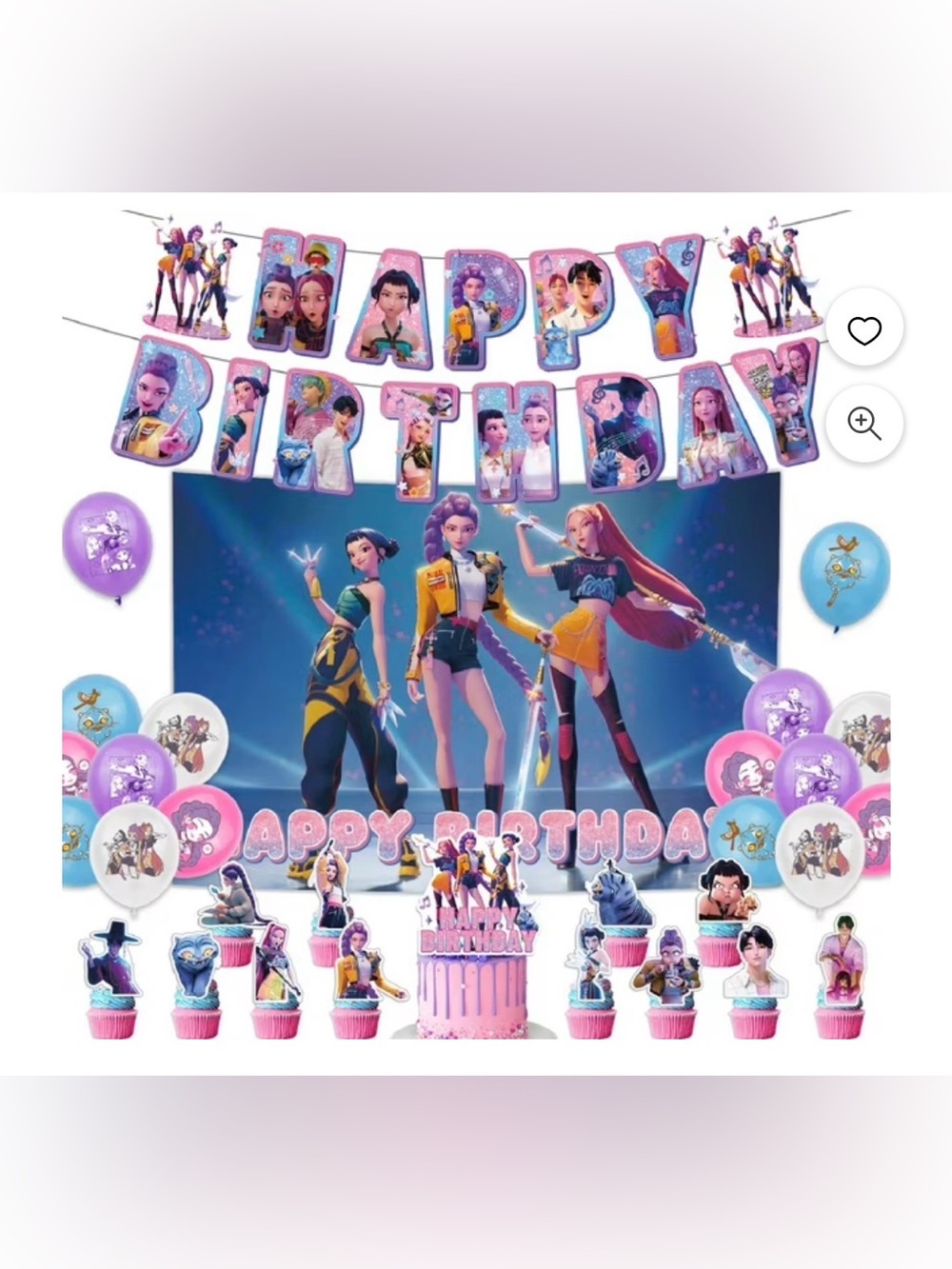 K-pop Demon Hunters birthday party set backdrop banner balloons & cake toppers